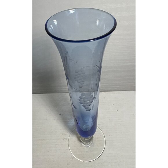 Blue Glass Vase Parma by AAI Etched Grapes Leaves Clear Pedestal Trumpet 8.25" - Picture 3 of 9